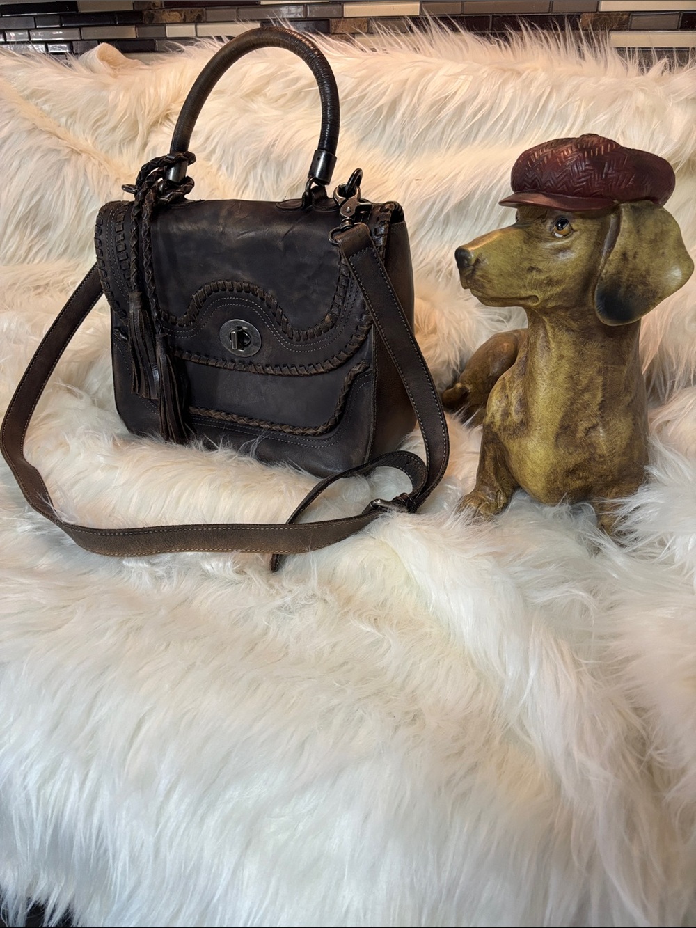 POL Brown Leather Satchel with Braided Trim and Tassel